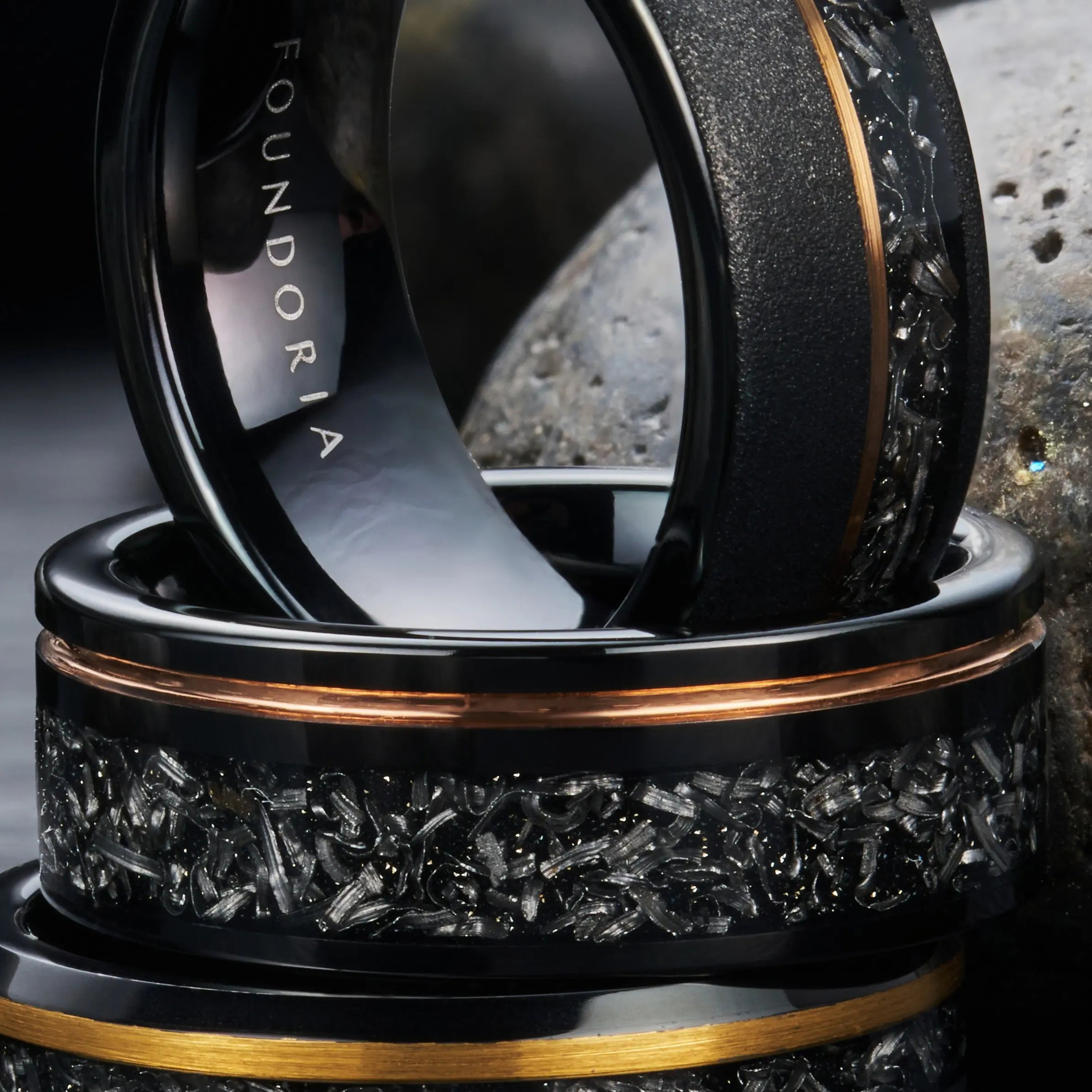 Umbra - Black Tungsten Ring with Rose Gold