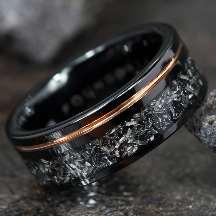 Umbra - Black Tungsten Ring with Meteorite and Rose Gold