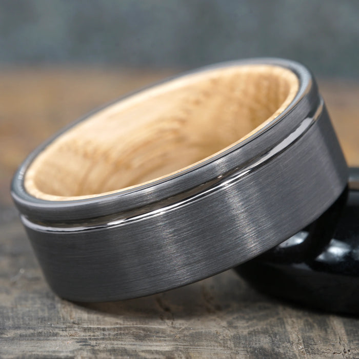 Vantage - Matte Grey Tungsten Ring with Whiskey Barrel Wood Inlay
