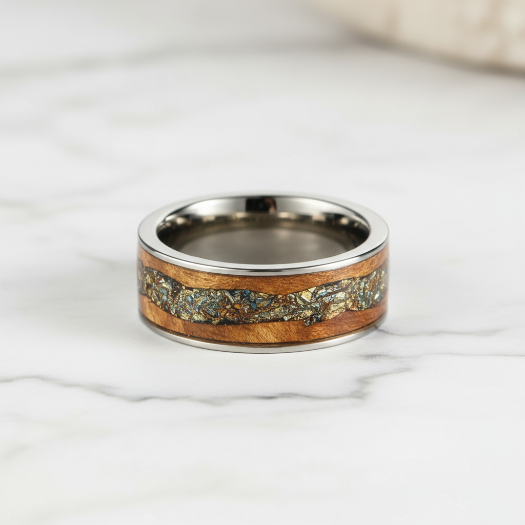 WOODWELD Men's Modern Ring - Handmade Tungsten and Wood, Green Foil Inlay | Foundoria