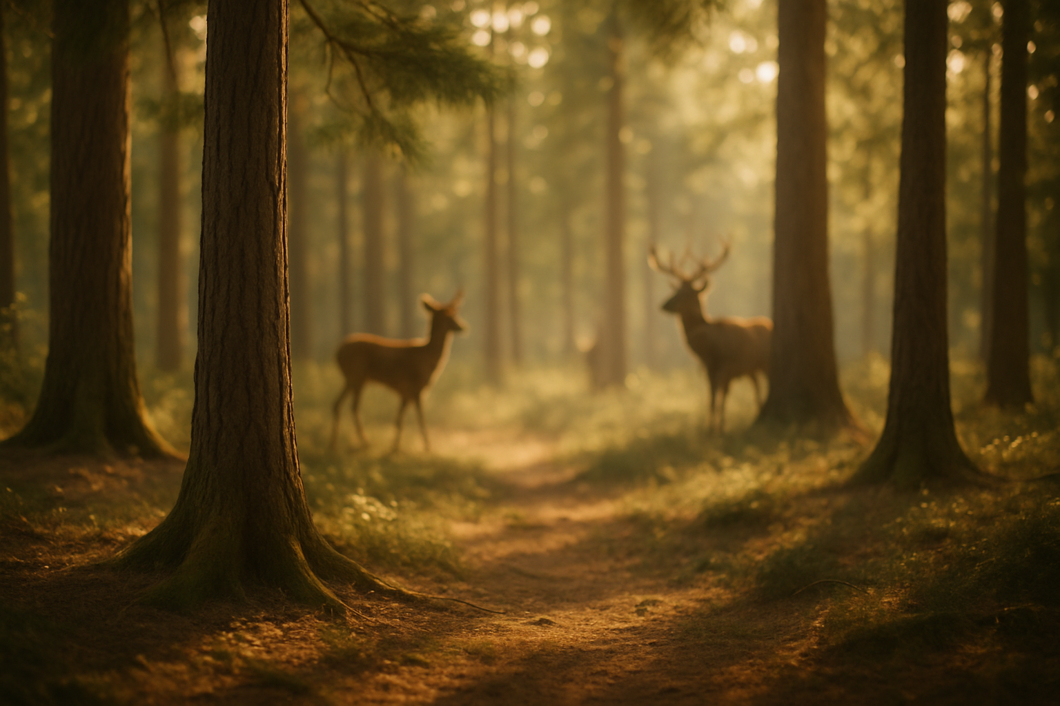 a natural wood setting with natural light and deer blurred in the background