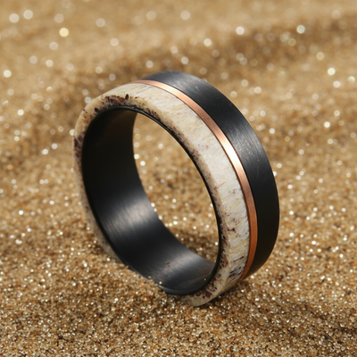 CERVUS Tungsten Carbide Ring – 8mm Flat Band with Wide Deer Antler Inlay & Rose Gold Accent
