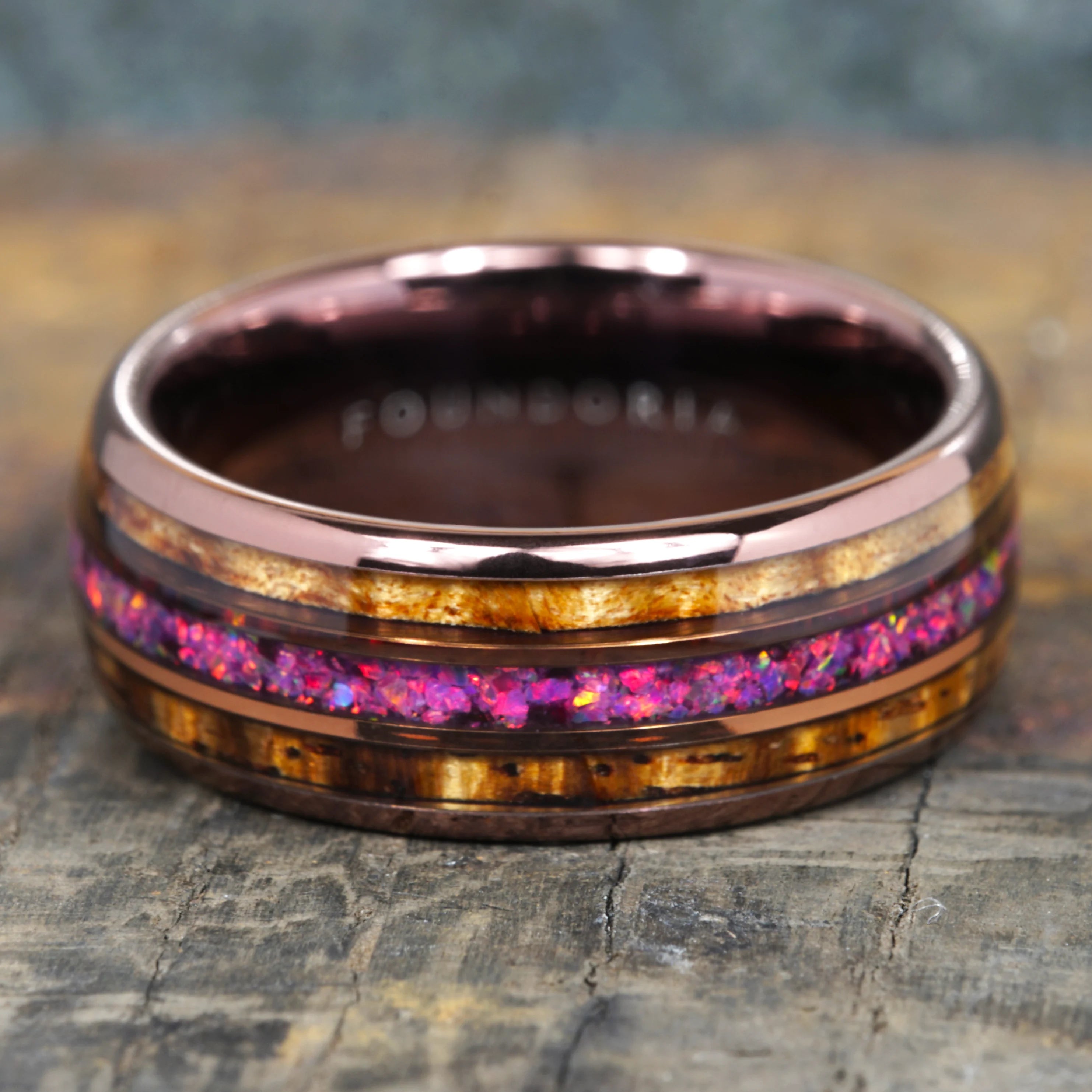 Caskara - Coffee Tungsten with Red Opal and Whisky Barrel Wood