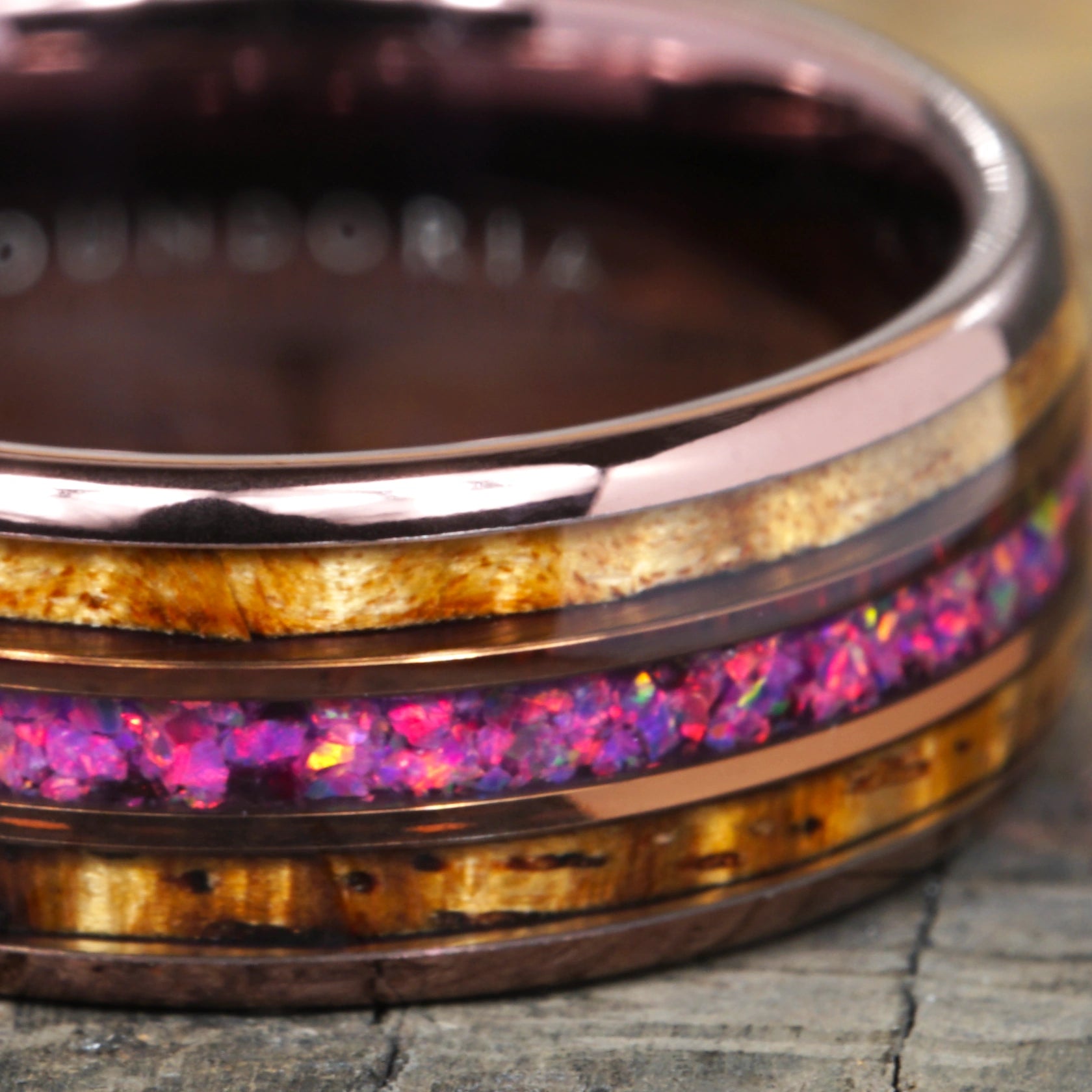 Caskara - Coffee Tungsten with Red Opal and Whisky Barrel Wood