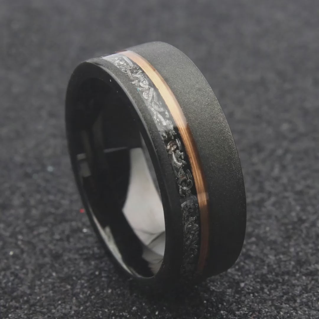 Modern men's ring | Tungsten Meteorite Rose gold band