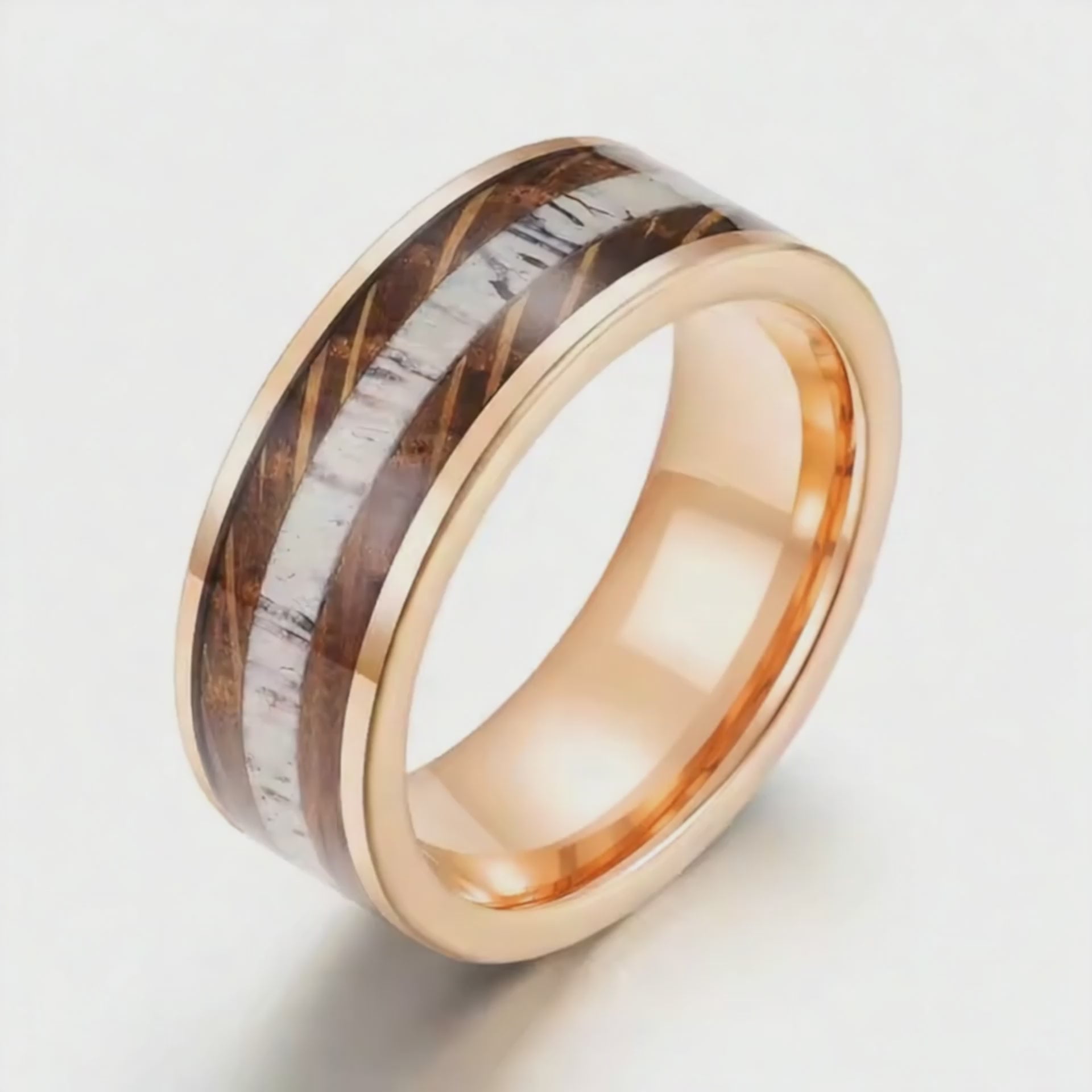 Tungsten Wedding ring for men - Rose gold with deer antler and whiskey barrel inlay